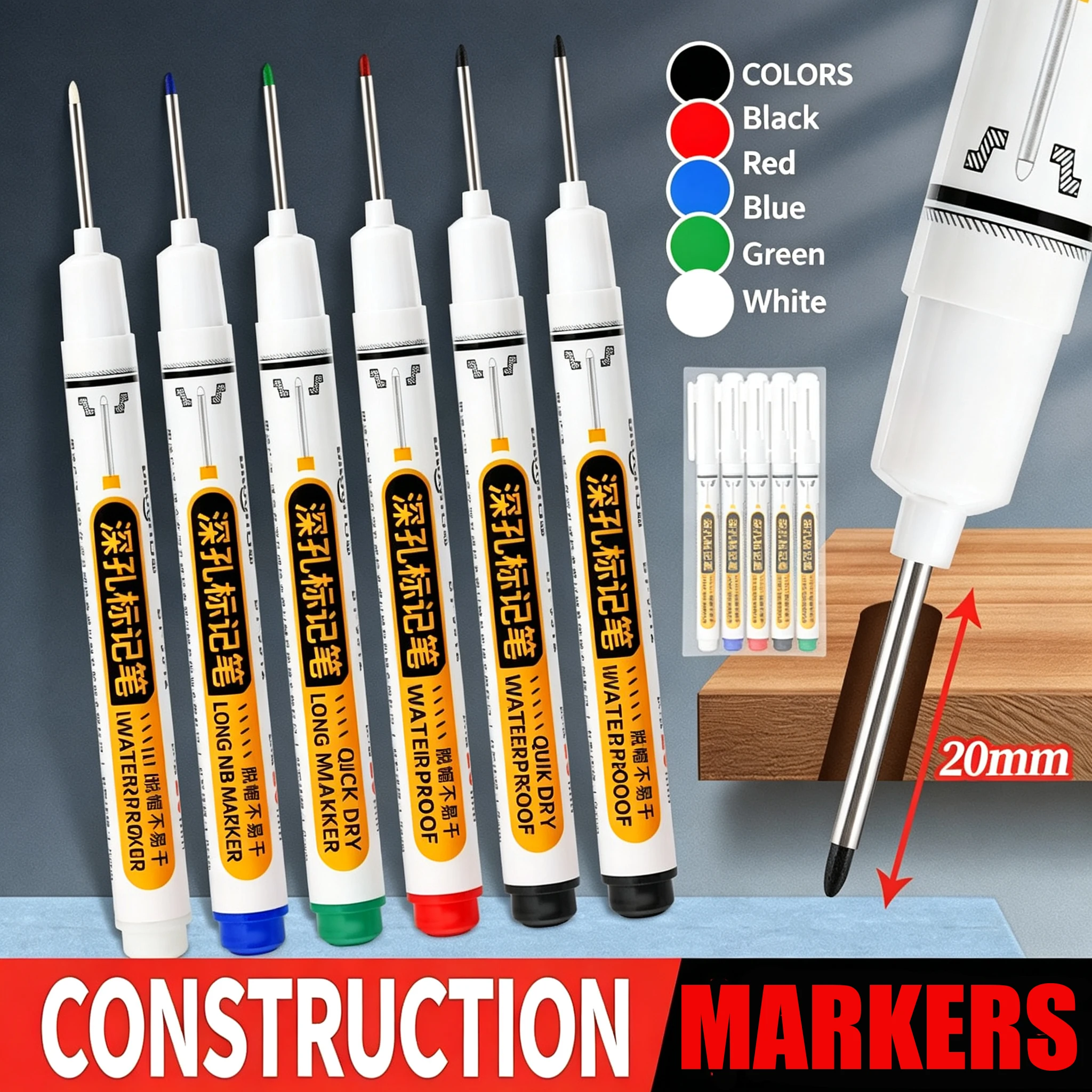 Deep Hole Marker Pen 20mm Extended Nib Waterproof Quick Dry Construction Markers 5‑Color Set for Woodworking Hardware Mark