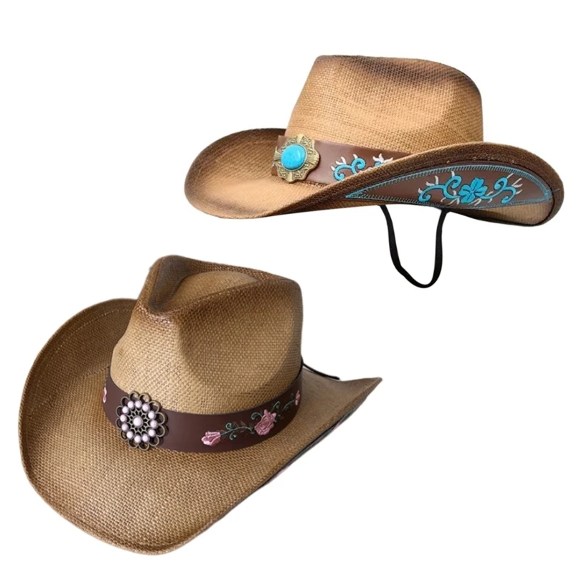 

Gemstones Cowboy Hats Woman Teens Driving Traveling Riding Cowboy Straw Hats Dropship