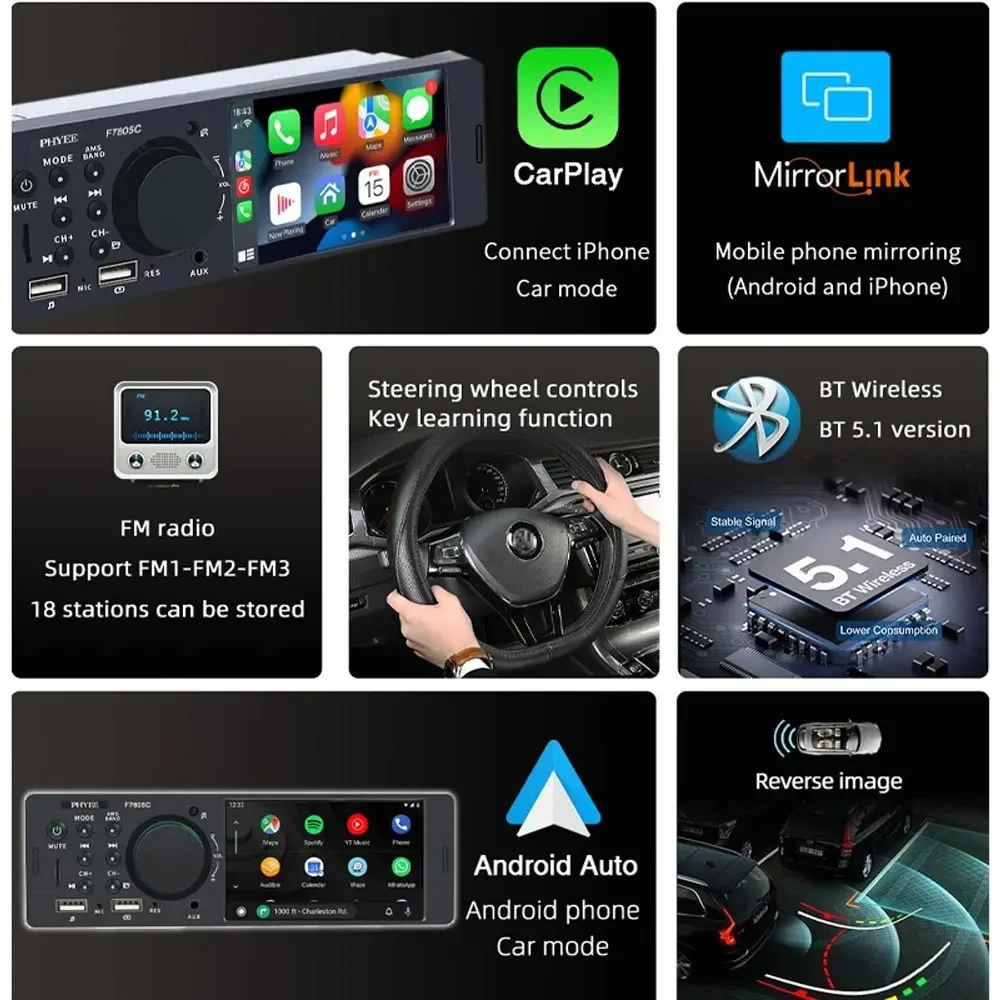 4.1Inch 1Din Carplay Android Auto Car Radio Multimedia Video MP5 Bluetooth Player With TF AUX Dual USB BT FM Radio Car Stereo