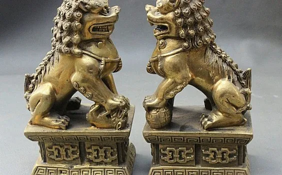 

6" Classic Chinese FengShui Copper Brass Fu Foo Dog Lion Pair Statue Sculpture