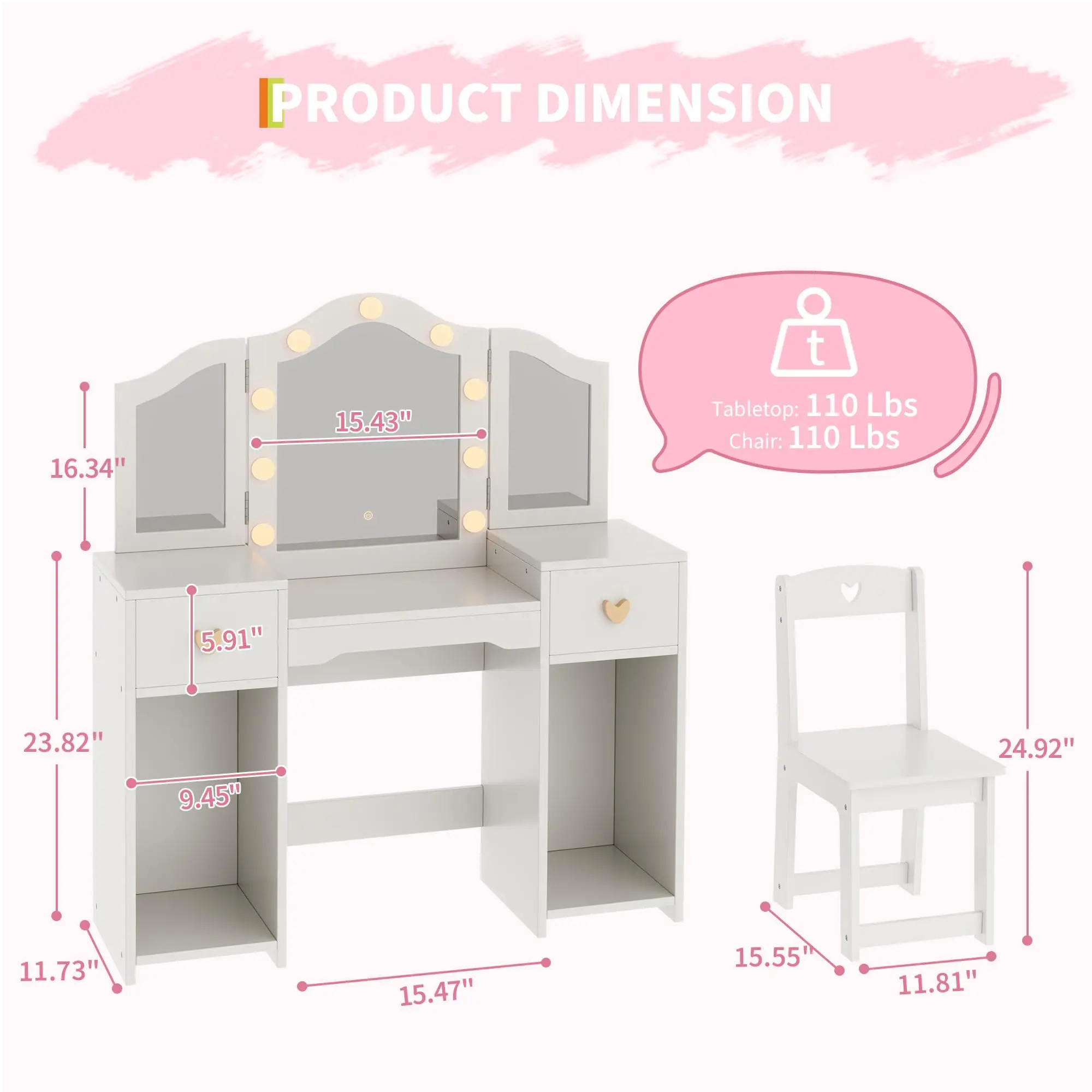 Kids Vanity Set with Touch Light & Chair,Princess Makeup Desk with Detachable Tri-Folding Mirror,2 Drawers,2 Cabinets and Open Storage Shelves,Pretend Play Dressing Table for Girls Bedroom,Playroom
