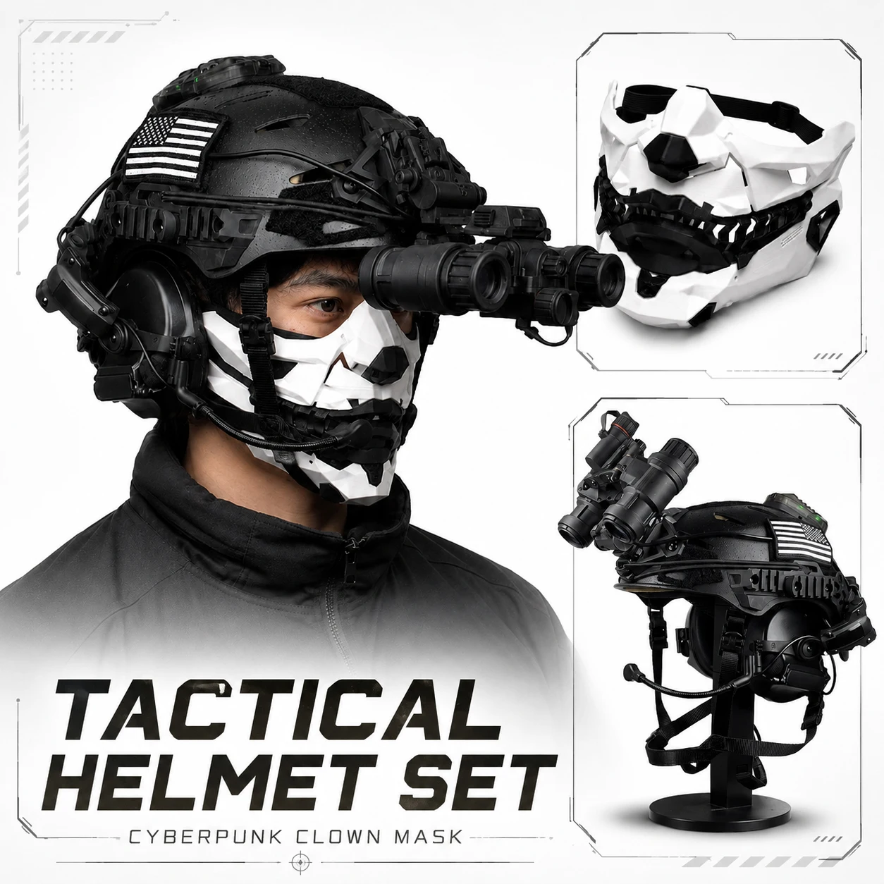 Tactical Helmet Set with NVG Model, Headset, Mask & Signal Light, Full Face Protection for Airsoft Cosplay Combat Gear
