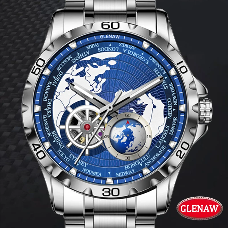 2025 New GLENAW Earth Series Mechanical Watch Men Rotating Earth Dial Night Light Waterproof Top Luxury Design Mechanical Watch