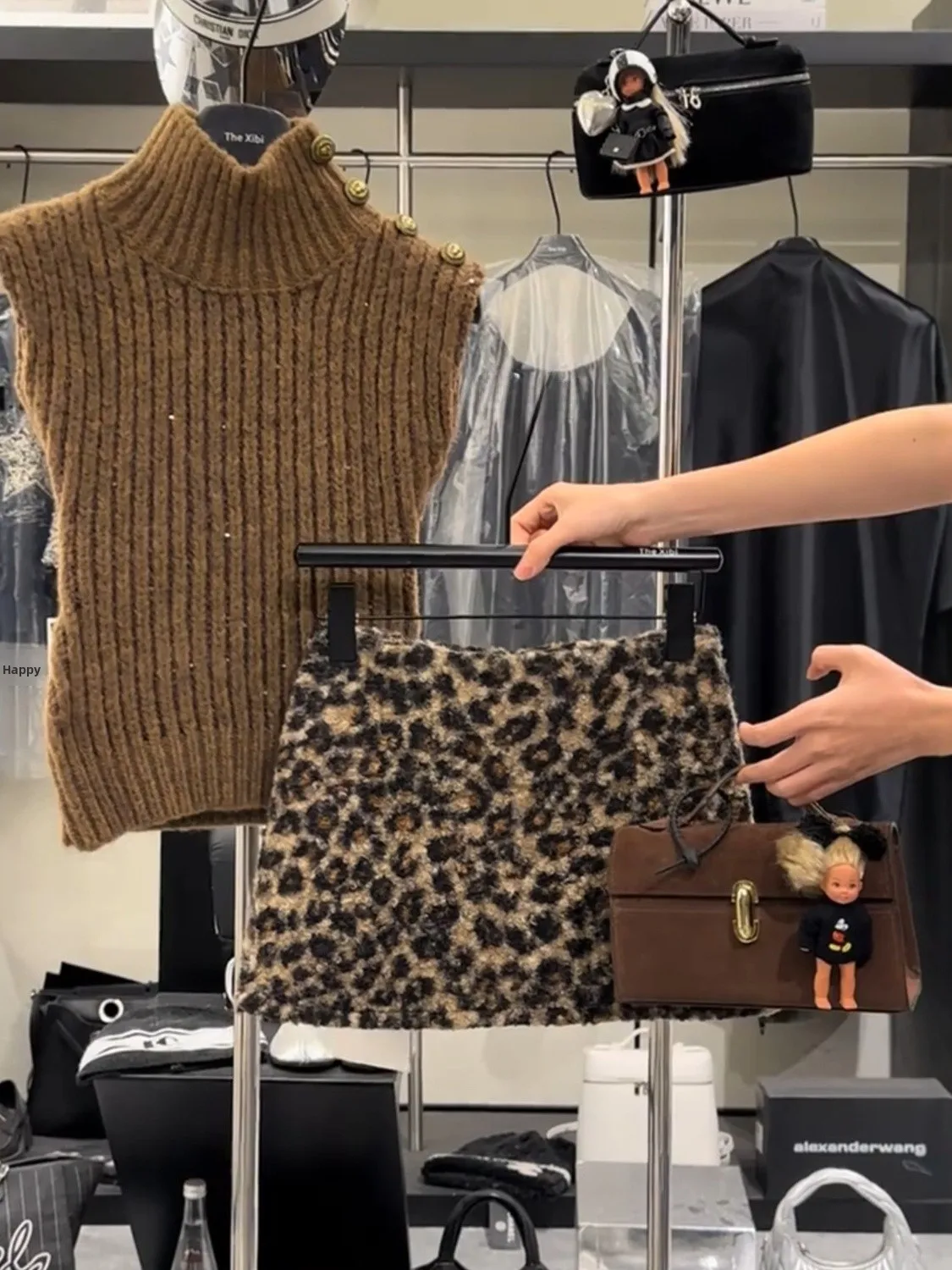 Spicy Girl Style Knitted Vest And Leopard Print  Skirt Women's Date Outfit High Collar Two-Piece Set Slimming Effect