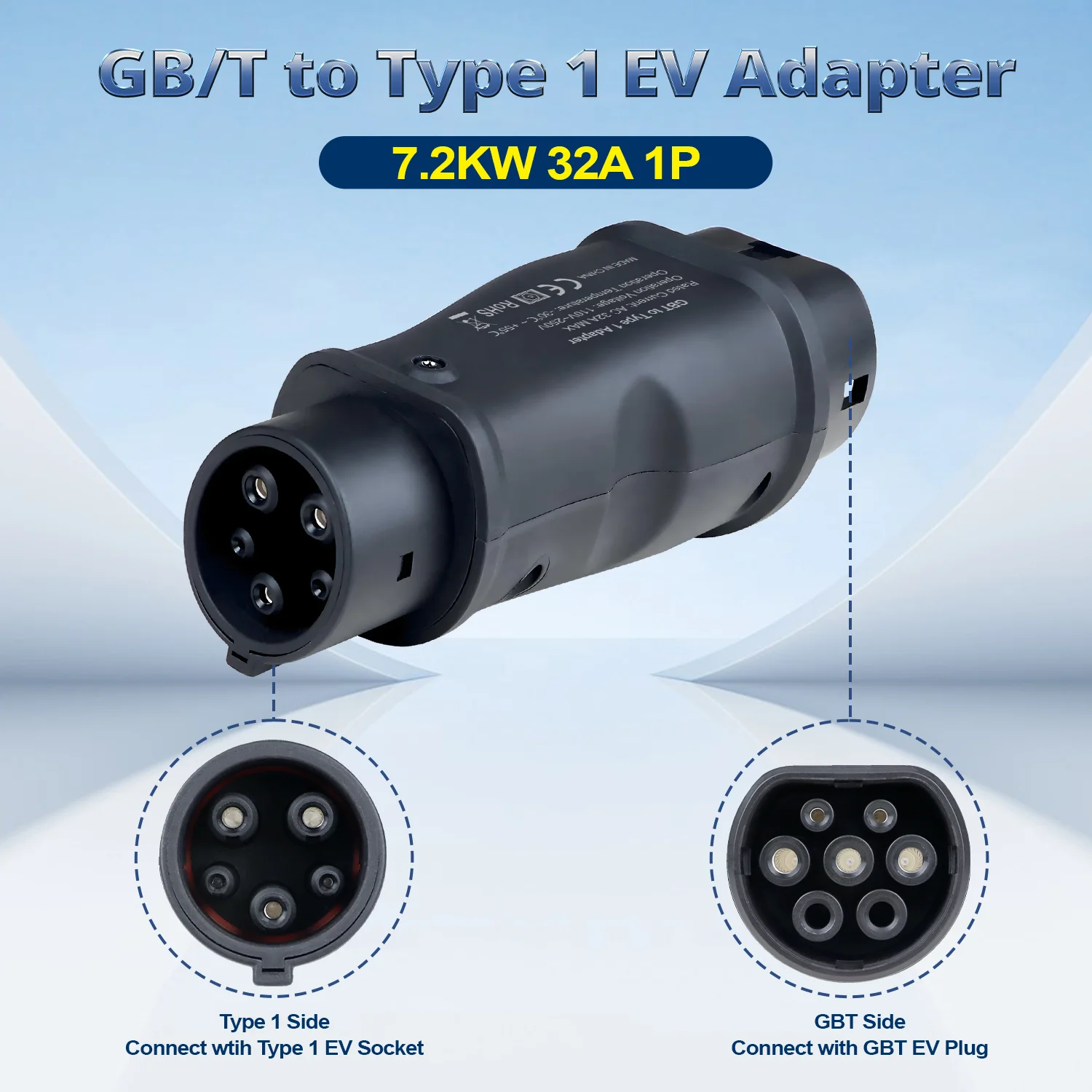 

Kolanky Gbt to Type 1 EV Adapter 7.2KW 32A Electric Car Charger EV Connector for J1772 Type 1 EV Socket Charging Without Cable