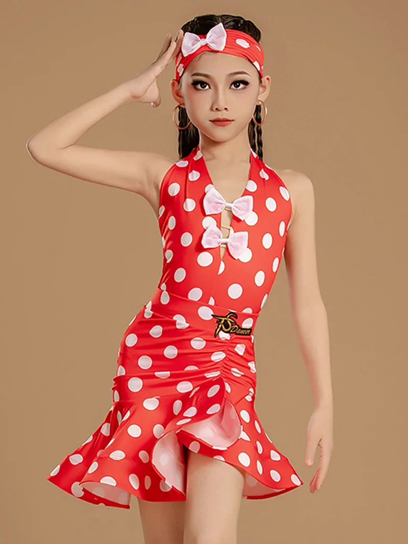 Latin Dance Dress Girls Kids Summer New Wave Point Halter Backless Competition Dancewear Retro Training Performance Costume
