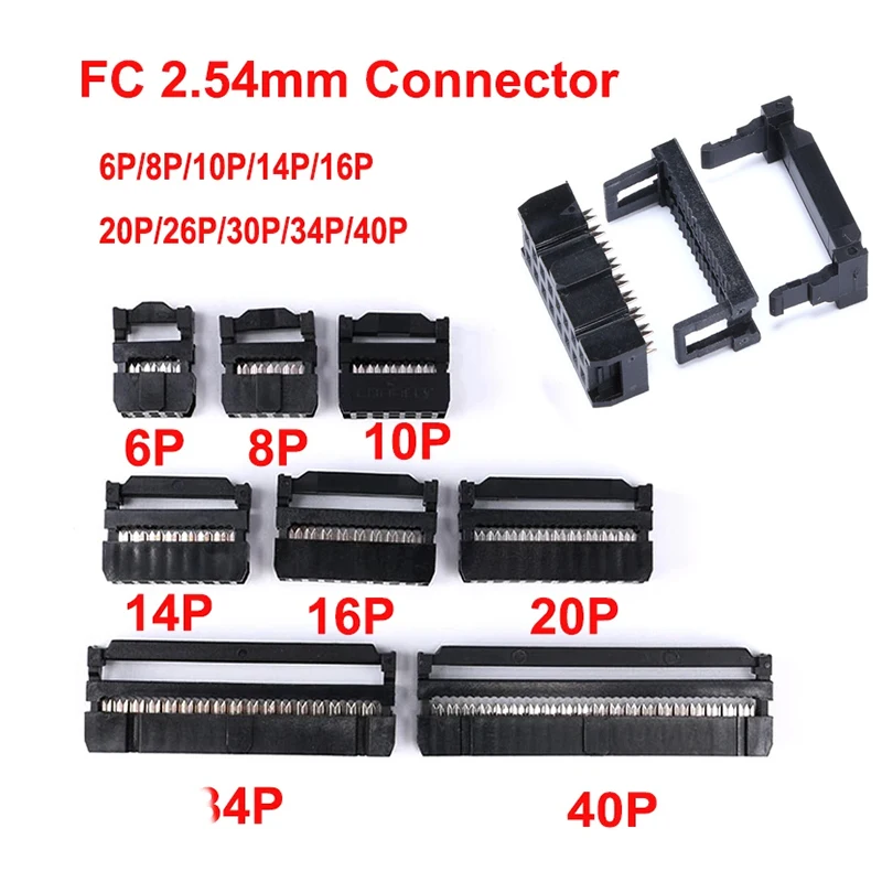 10Pcs FC 2.54mm Pitch Dual Rows 6/8/10/14/16/20/30/34/40Pin IDC Socket Connector for 1.27mm Wire Ribbon Cable DC3 Header