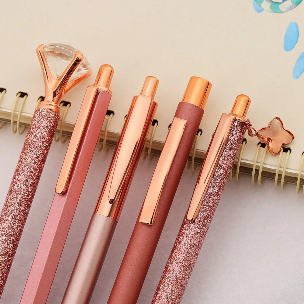 Lytwtw\'s Roller Press Ballpoint Pen Luxury Cute Wedding Rose Gold Metal Stationery School Office Supplies Spinning 5 Pieces