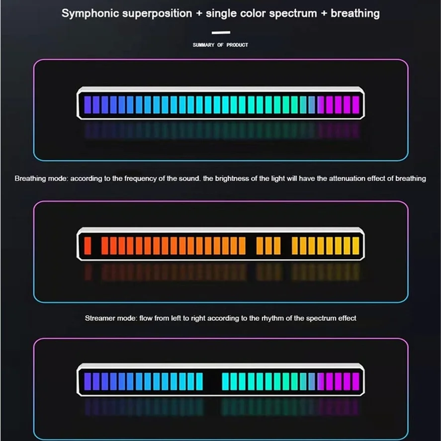 RGB Sound Control LED Light, Barra de luz ambiente colorida, Pickup Rhythm Lights, Barra de música