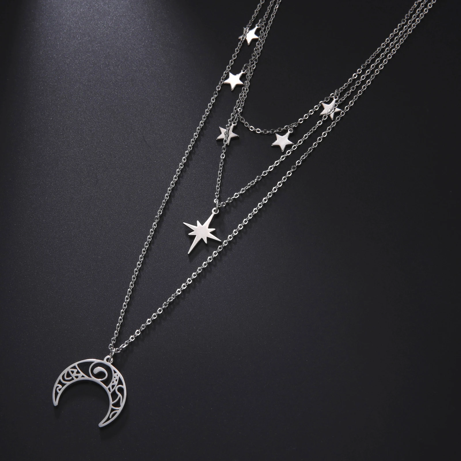 Unift Wicca Crescent Moon Necklace with Stars Stainless Steel Layered Necklace Choker Vintage Ethnic Occult Jewelry for Women