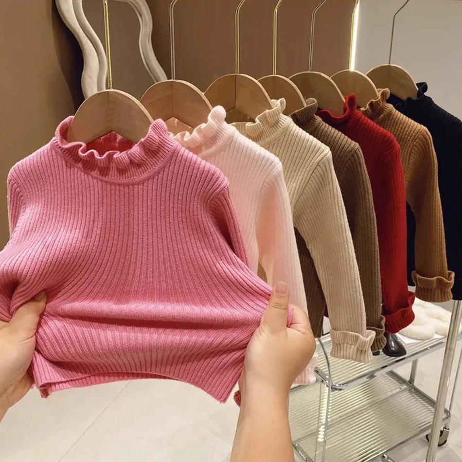 Children Clothing Spring Autumn Winter Girls Sweater Fashionable Casual Daily Wear High Neck Solid Color Base Knitted Sweater