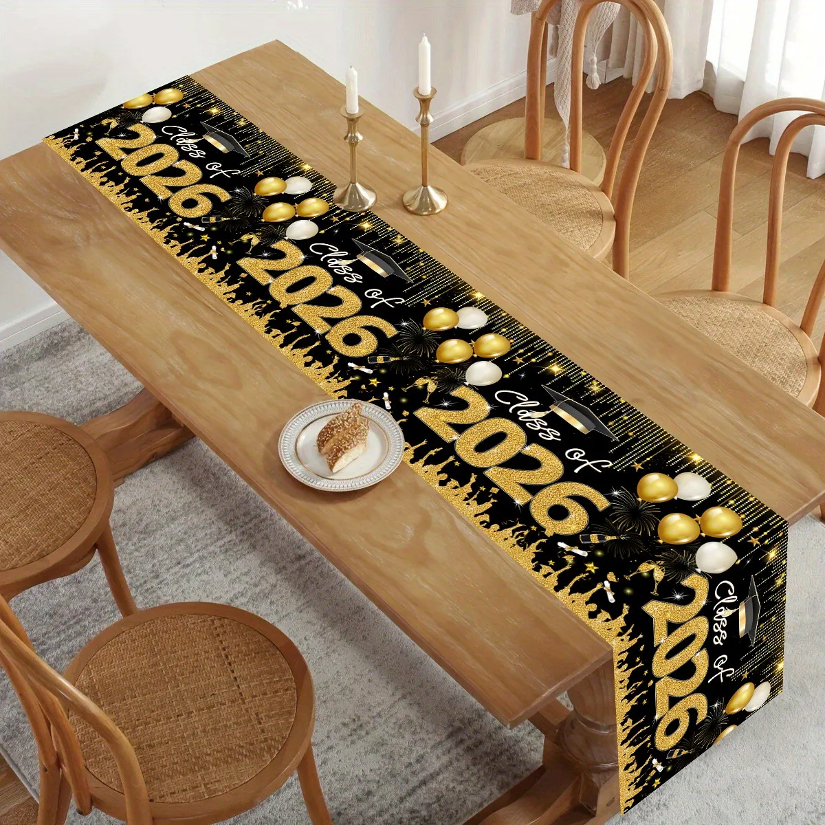 180x35cm Black Gold Graduation Table Runner Congrats Grad Polyester Table Cover for Class of 20626 Graduation Party Table Decor