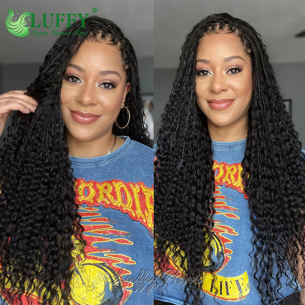 Braided Full Lace Wigs 100% Human Hair Boho Box Knotless Braids Pre Plucked Human Hair Curly Wig with Baby Hair 300 High Density