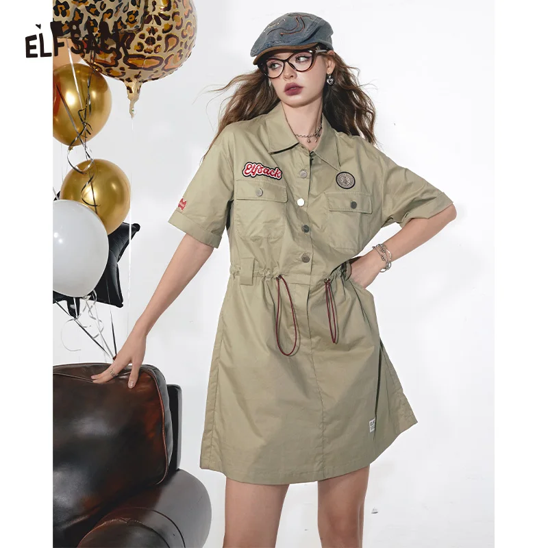 

2024 Summer ELFSACK New Arrivals Workwear style green retro petite slim short-sleeved dress for women