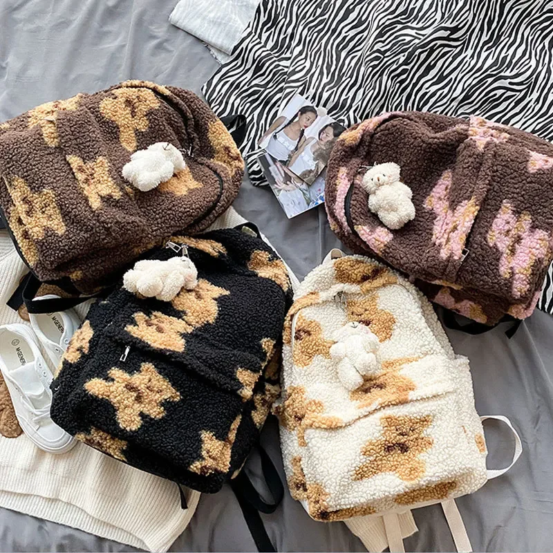 Imitation Lamb Hair Backpack Women School Bags for Teenage Girls Bears Print Cute Backpack Bagpack Kawaii Backpack Mochila Mujer