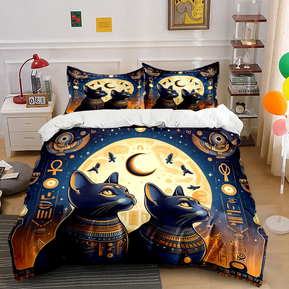Mysterious Egyptian Cats and Full Moon Printed Duvet Cover Set1 Duvet Cover+2 PillowcaseMulti Size Bedroom Bedding Decoration