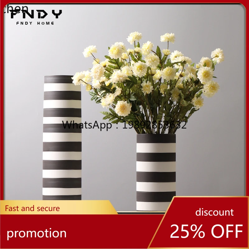 HT Black and White Striped Ceramic Vase Nordic Modern Flower Arrangement Ornament Jingdezhen Hand-painted Decoration
