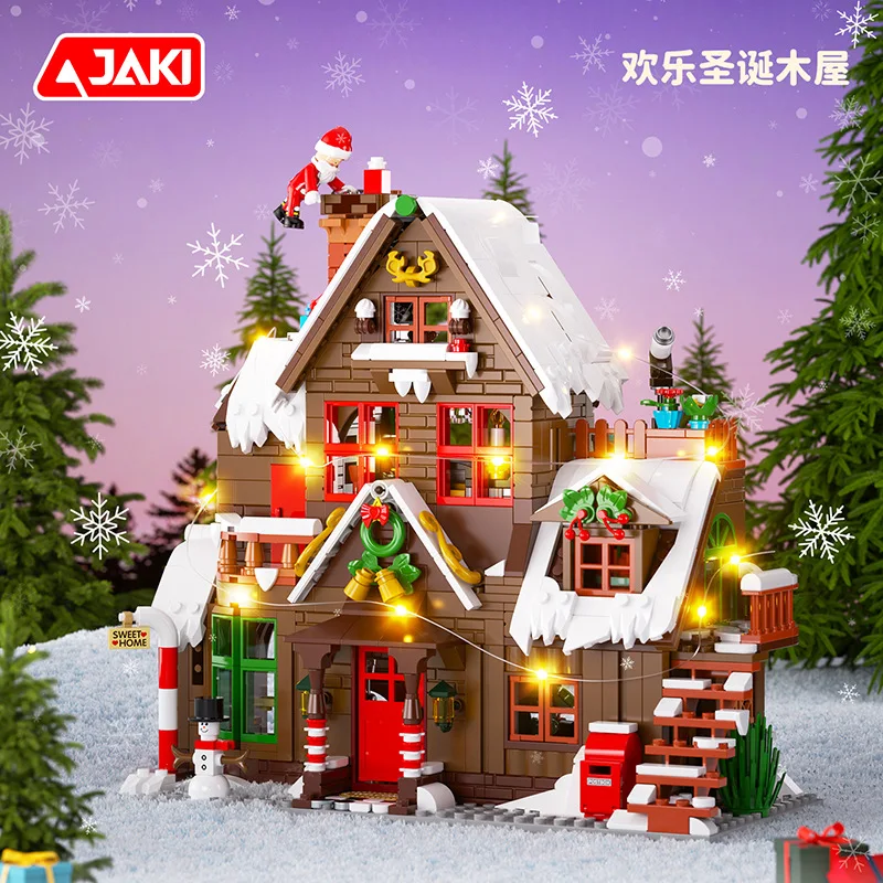 Weihnachten Holzhaus Modell Bausteine mit Lichtern Stadt Straße Szene Architektur Serie Montage Ornamente Spielzeug Kind Geschenk