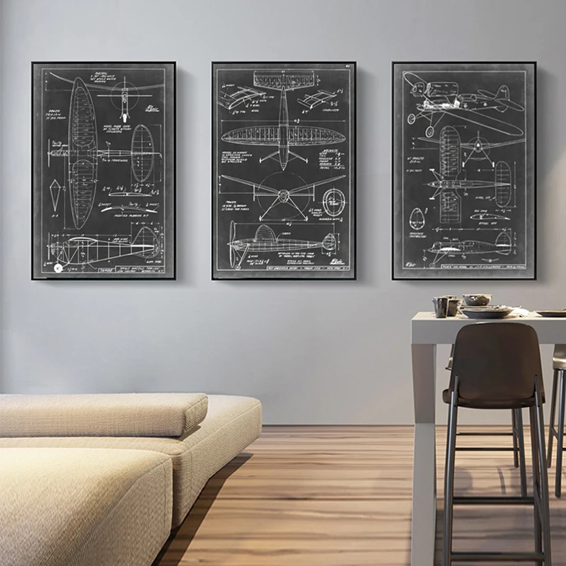 Retro Airplane Blueprint Poster Black And White Biplane Patent Canvas Vintage Aesthetic Home Decor WallArt LivingRoom Decoration