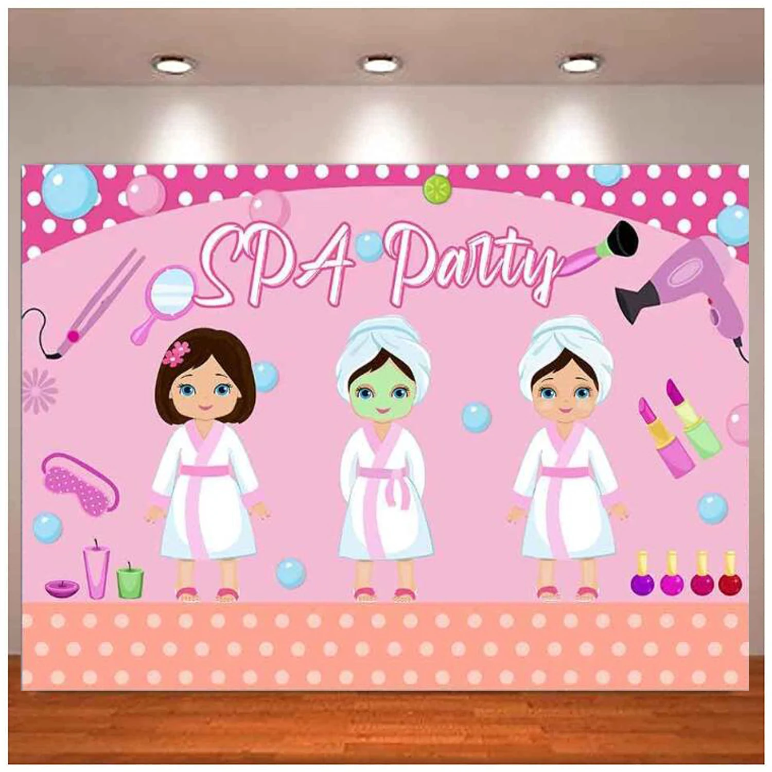 

Spa Day Party Photography Backdrop Makeup Lipstick Perfume Nail Polish Hair Drier Dessert Table Banner Decoration Background