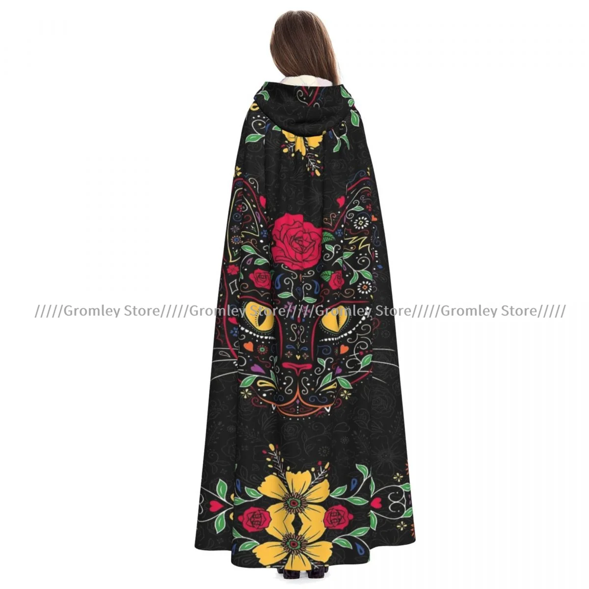 Kitty Cat Day Of The Dead Skull Witch Cloak Halloween Cosplay Costume Adult Unisex Cloak Retro Ages Cape