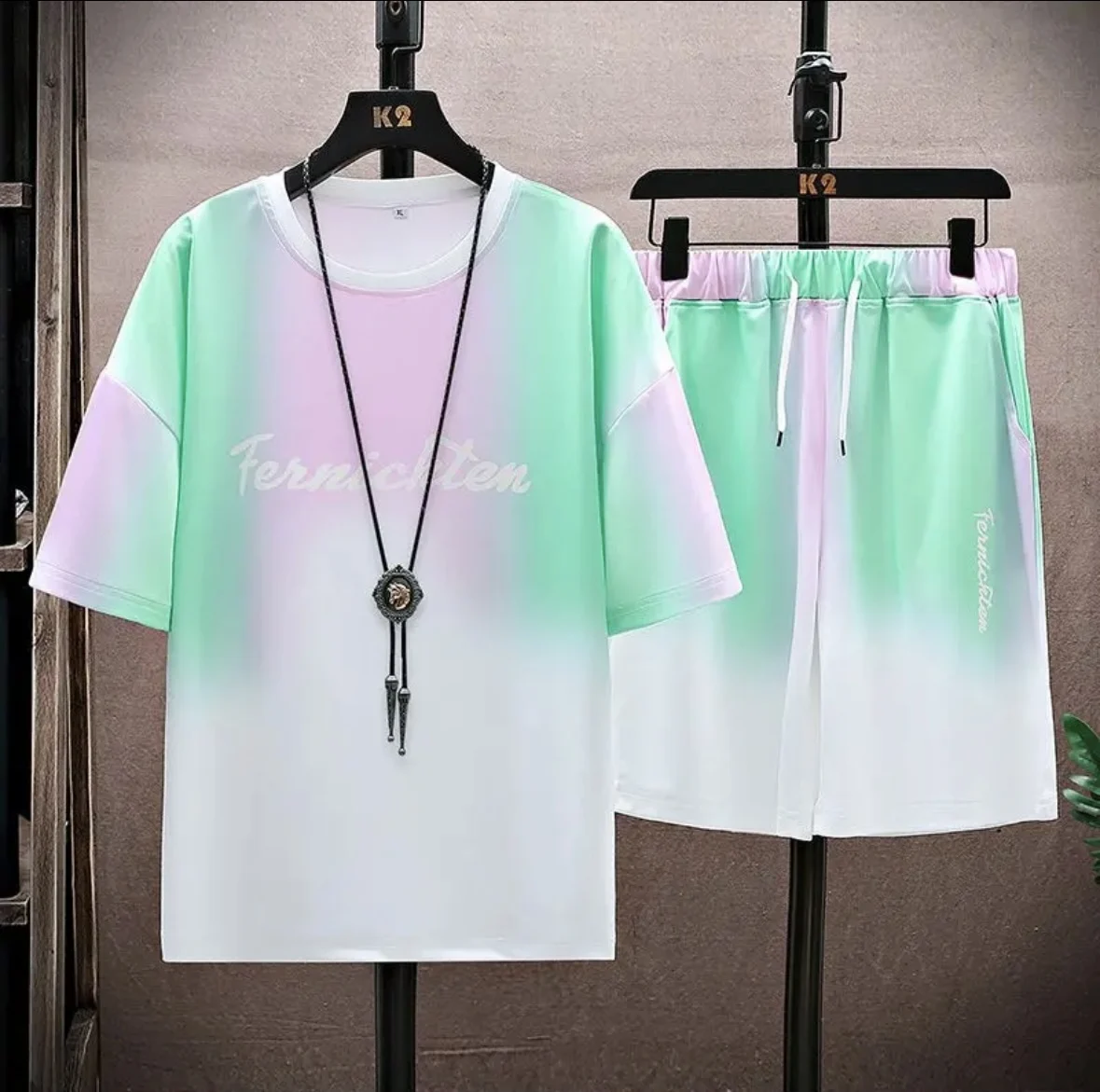 New hot-selling summer couple ice silk set, loose Korean-style casual unisex sports T-shirt and shorts, fashionable quick-dry view 3
