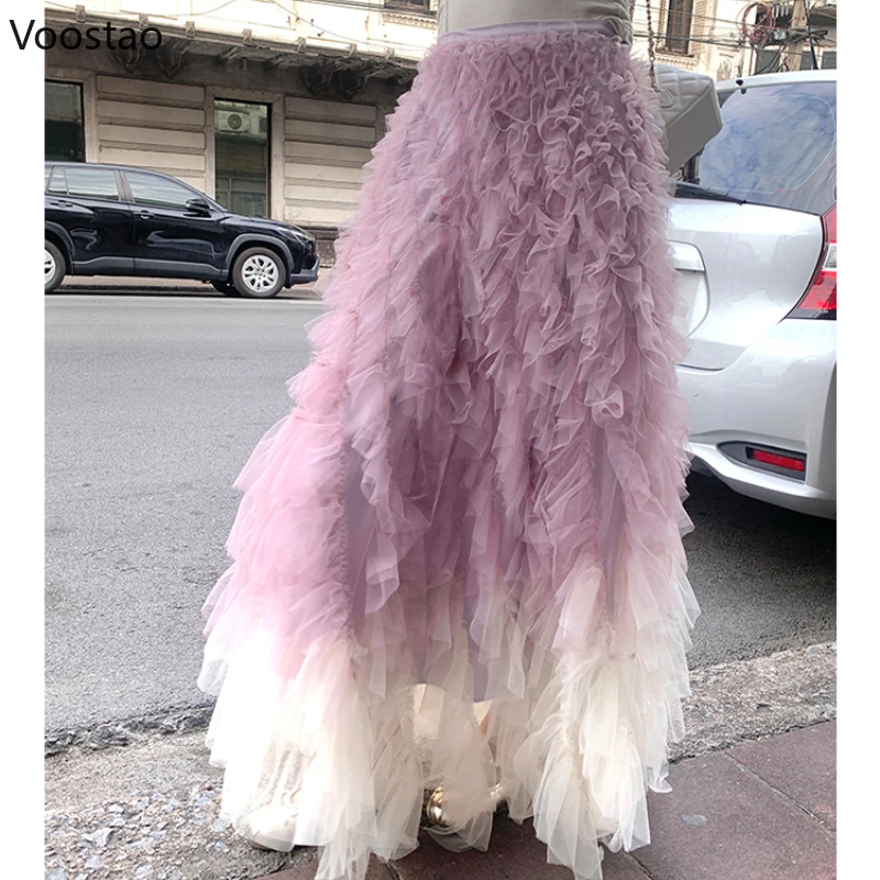 Moda feminina tule longo bolo saia cintura alta gaze rosa roxo gradiente babados saias doces elegante vestido de baile saias de festa