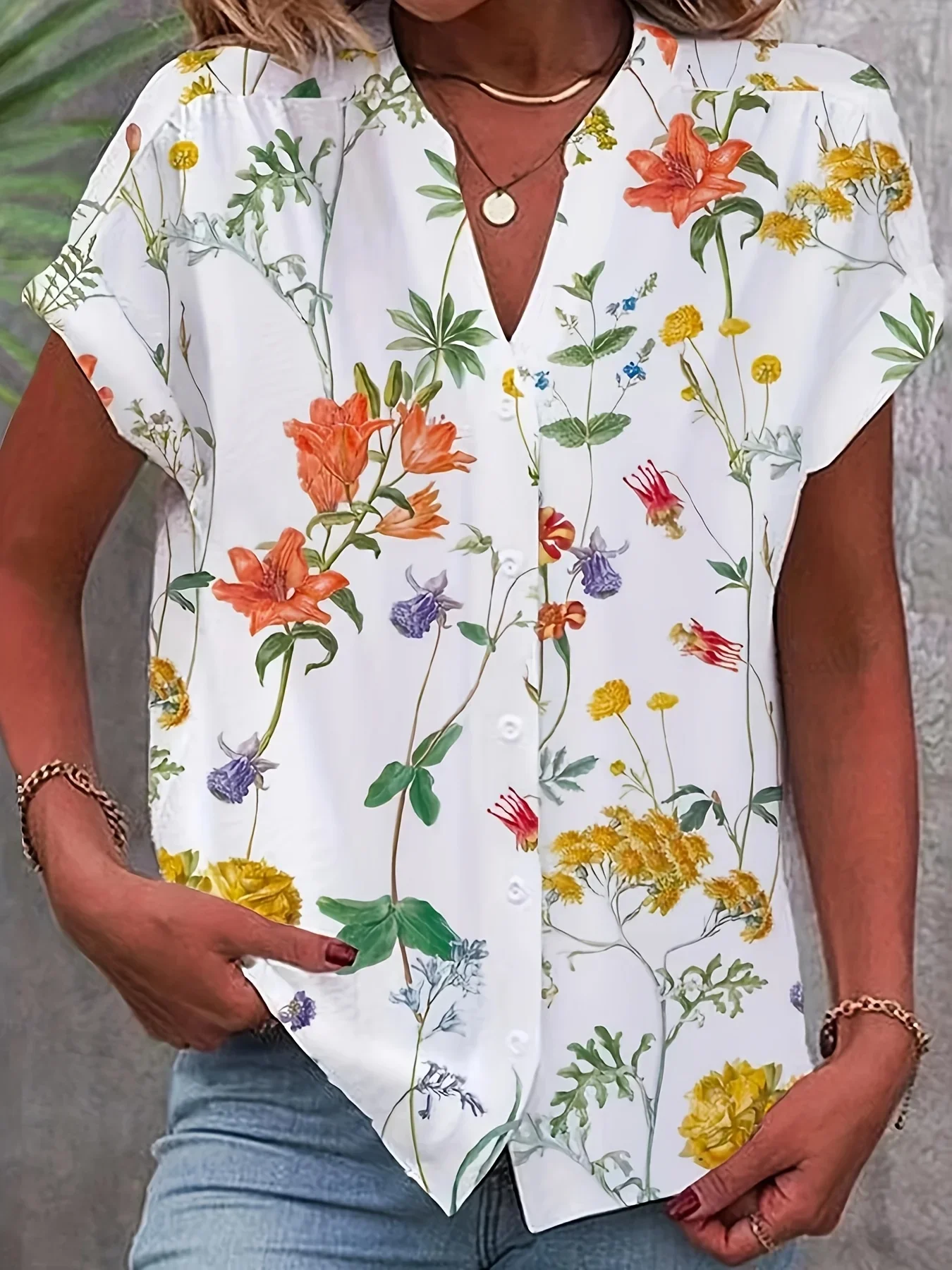 

Plus Size 1XL-5XL Women Fashion Floral Printed Button Down Short Sleeve Shirts Ladies Casual Lapel Shirt Tops Loose Tops