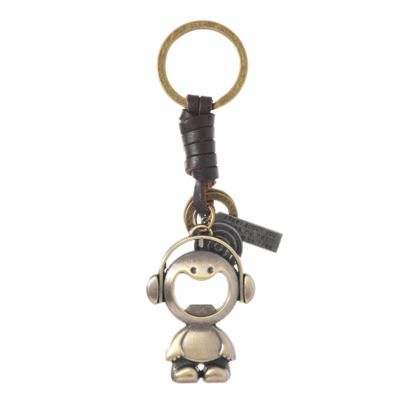 F2TD Leather Bottle Opener Keychain Vintage Ring Opener with Tone Charm for Daily Carry, Keys Bags Car Keys