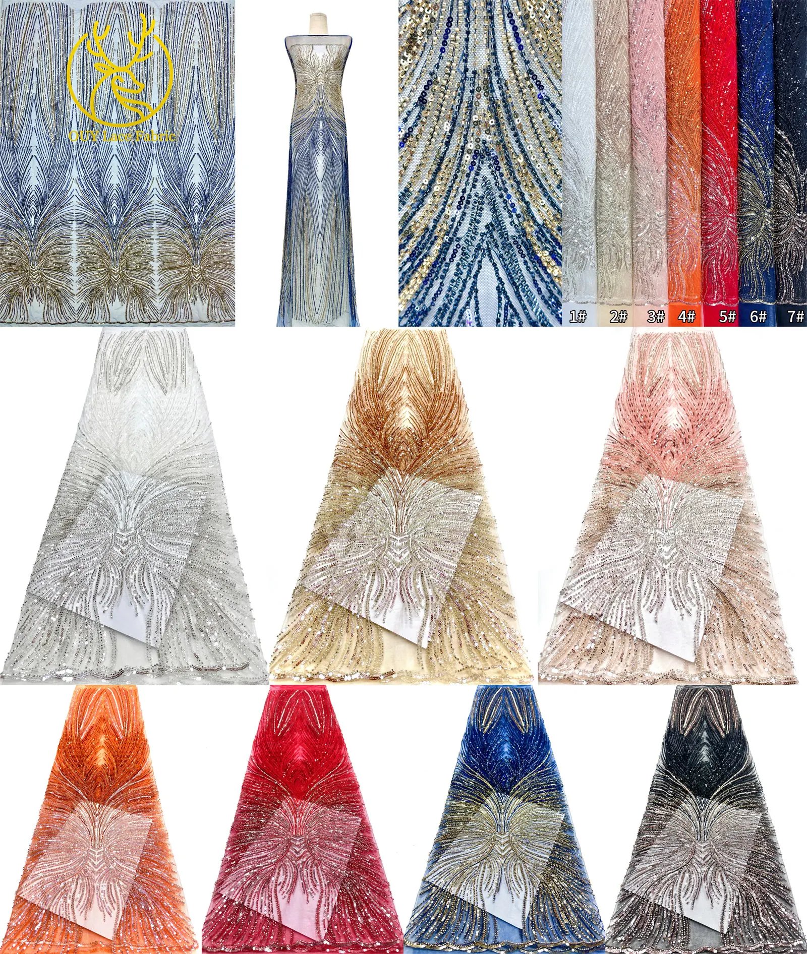 2026 Premium Spitze 5 Yards Französische Nigerianische Spitzenstoffe Afrikanische Pailletten-Perlen-Spitze für Damen Party Hochzeit Bankett – Detail 3