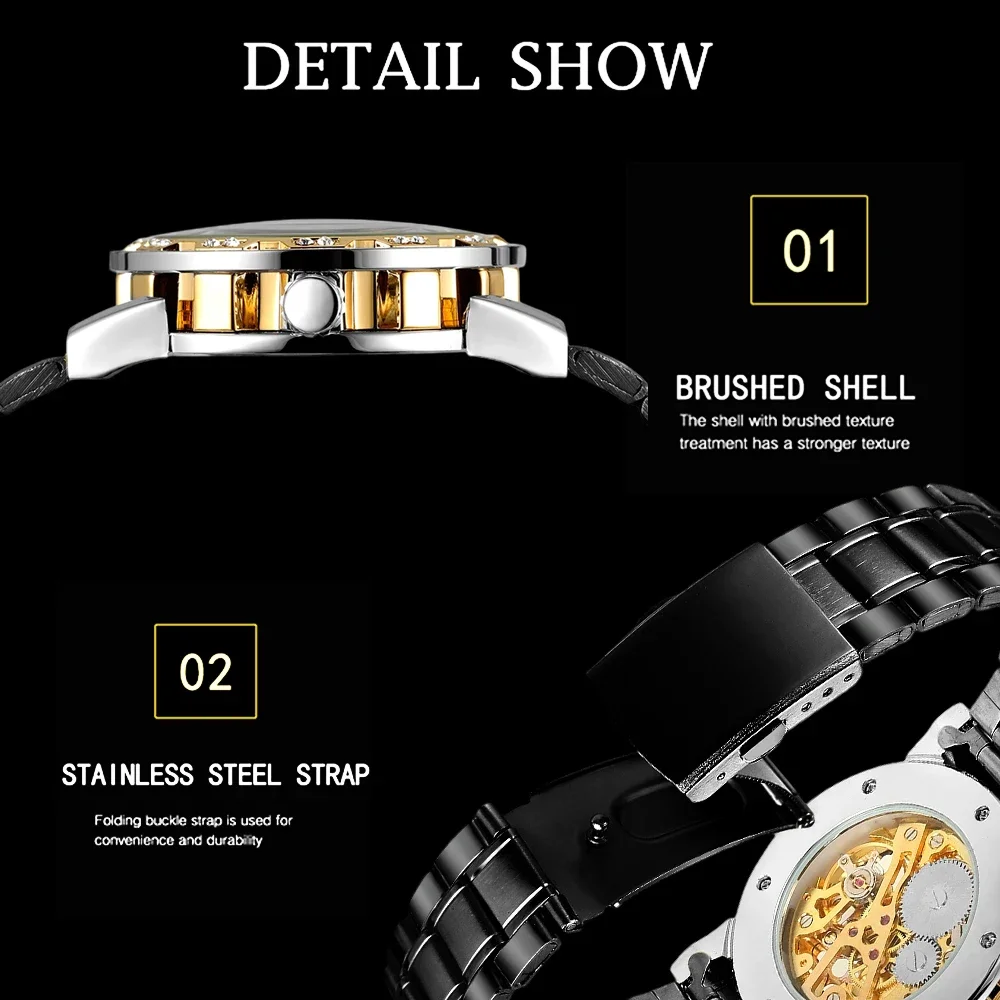 T-WINNER Fashion Casual Mens Watches Skeleton Mechanical Engraving Luxury Rhinestone Luminous Pointers Cool Black Man Wristwatch