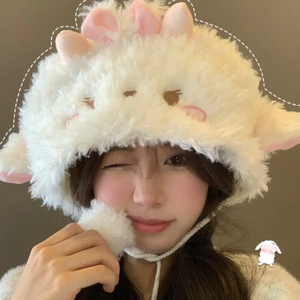 جميل لينة الأغنام الأذن دلو قبعة زغب لطيف السترة قبعة لوليتا الدفء قبة قبعة الفتيات