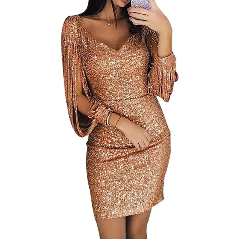 Sexy Long Sve Sequin Tassel Bodycon Dr for Night Club Par 25-29 Years Old Women Polyester Street Sle V-Ne ort S...