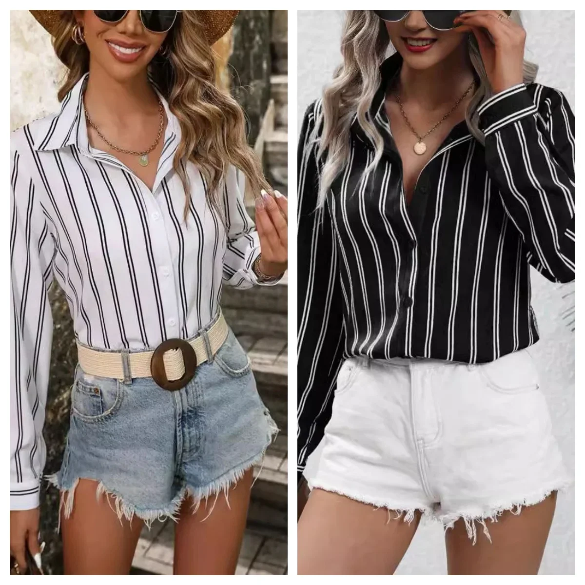 

Women's Striped Shirt Single Breasted Long Sleeved Top Commuter Casual Versatile Elastic High Waist Straight Leg Pants Set New