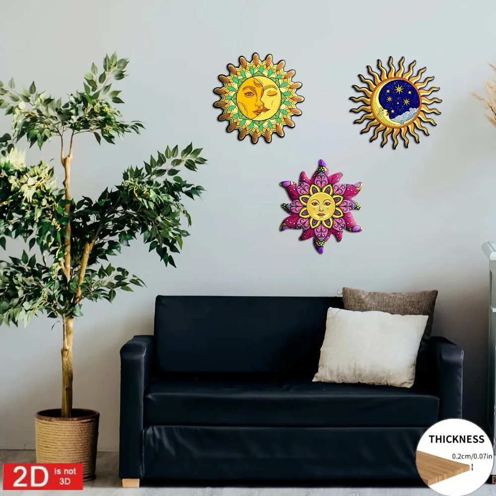 CIFBUY Iron Wall Art 2D Flat Colorful Metal Sun Moon Face Cutout Wall Hanging Ornament Star Pattern Bohemian Outdoor Wall Decor