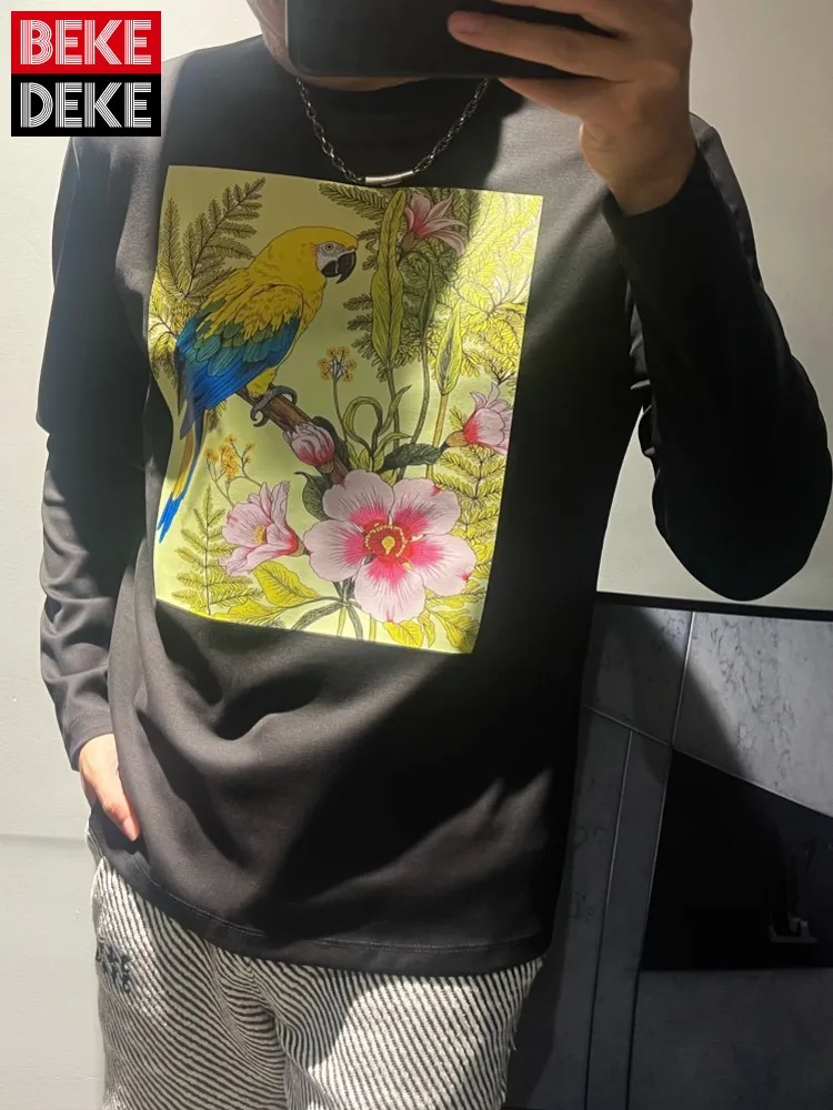 

Vintage Mens Floral Printed Casual T-Shirt Streetwear Spring New Breathable Comfortable Tees Tops Pullover Long Sleeve T-Shirts