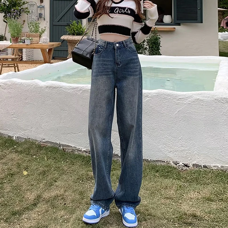 Women Jeans Casual Straight Jeans High Waist Wide Leg Spring and summer Baggy Wide Leg Jeans Straight Leg Dragging Loose Simple