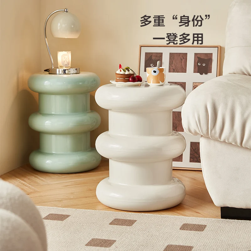 Creamy White Round Ottoman Stool with Retro Design, Multi-Functional Side Table Footrest Living Room Bedroom Entryway Home Decor