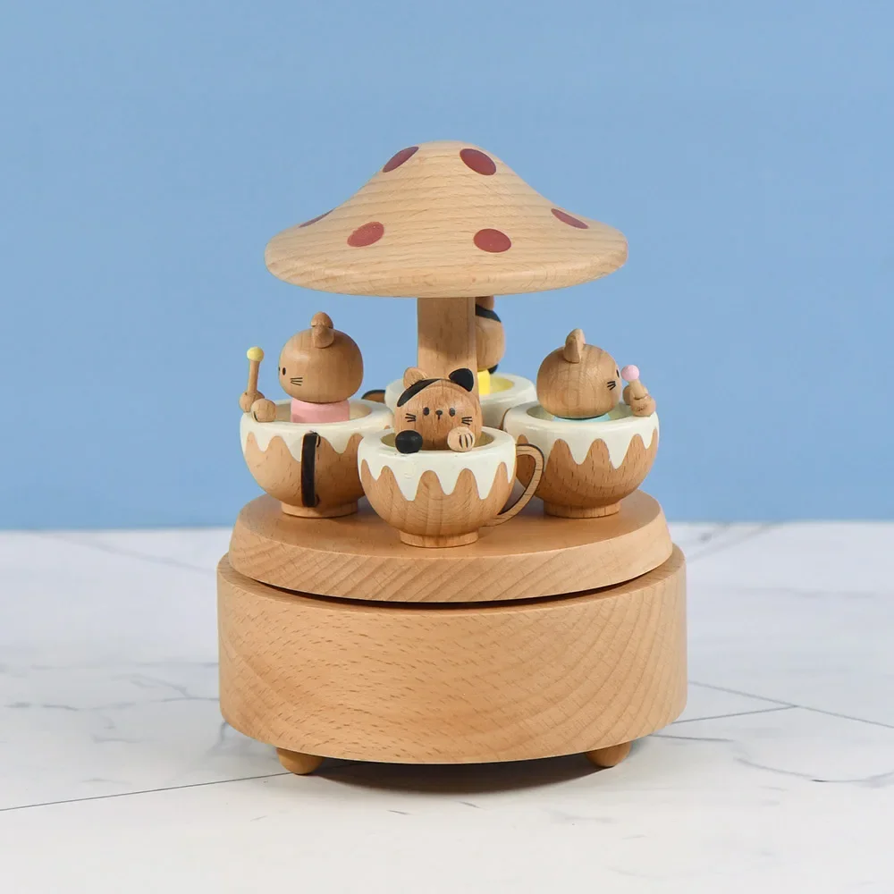 factory direct sale cat paradise merry-go-round carousel mushroom wooden music box for gifts