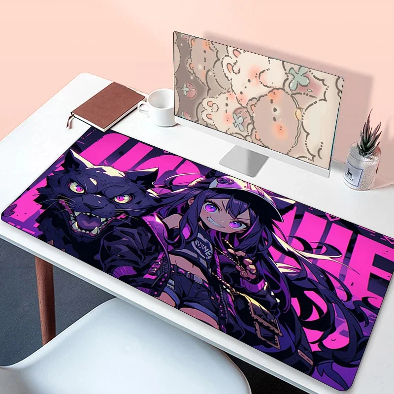 Gaming Mouse Pad Gamer Carpet Kawaii Girl and Cat Keyboard Mat Long Padding Computer Accessories Mousepad Xxl Desk Mats Mausepad