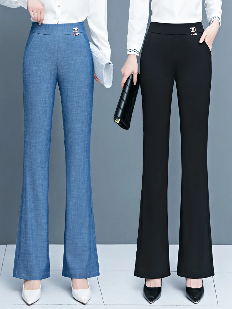 

Джинсовые брюки-клеш с высокой талией, летние, тонкие, женские, модные, свободного кроя, из ледяного шелка, в корейском стиле, для повседневной носки