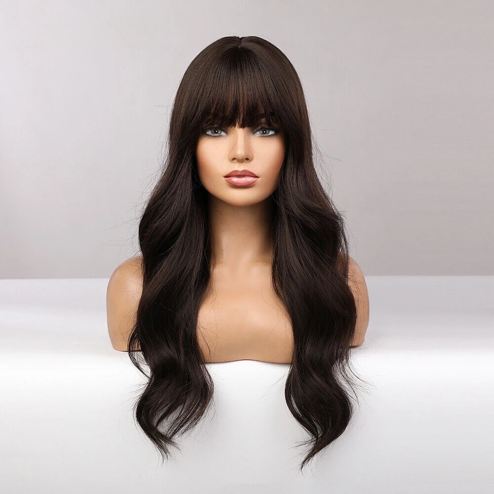 Long Dark Brown Wavy Synthetic Hair Natural Bangs for Women Daily Wig