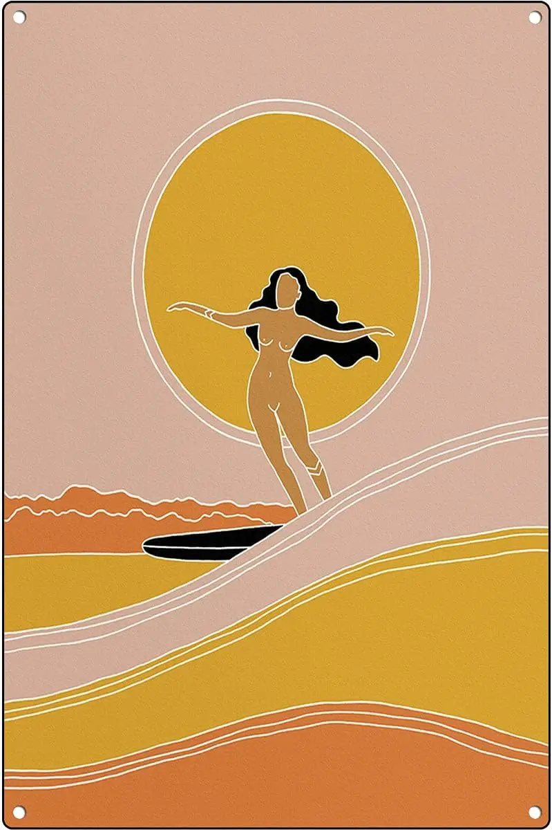 Krouterebs Vintage Metal Tin Sign Surf Print Surfer Girl Gift Surf Decor Boho Art Surf Wall Art Gift for Surfer Desert Wave Post