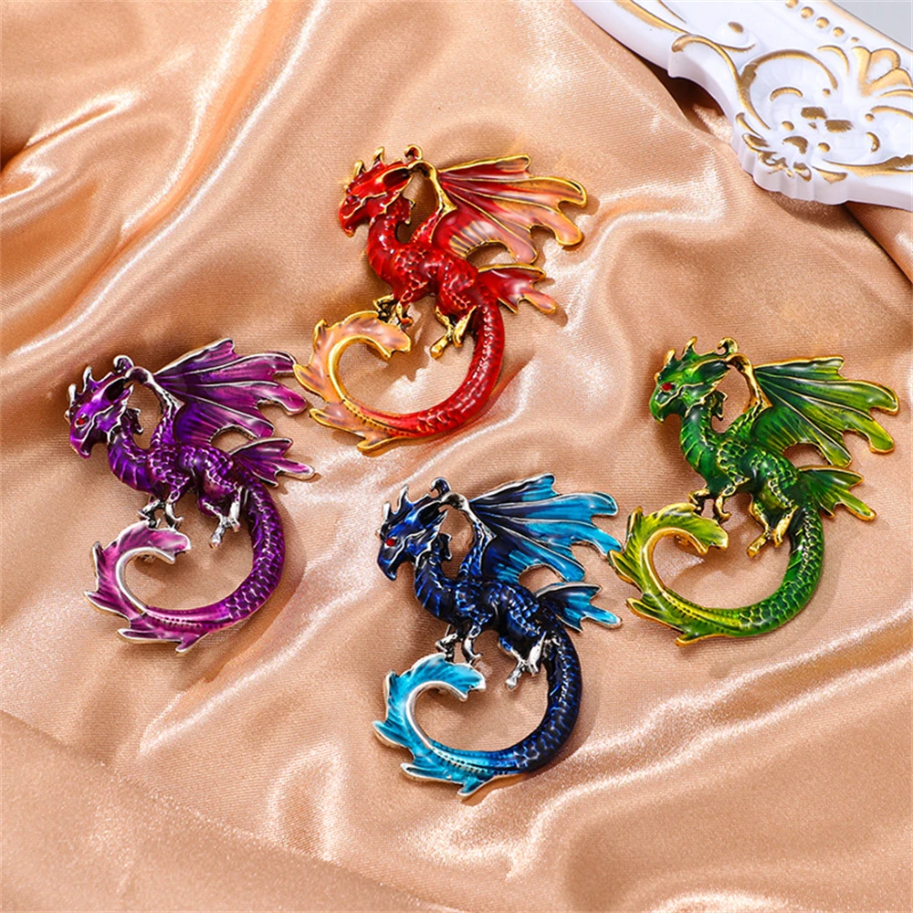 Retro Enamel Dragon Brooches For Women Alloy 4-color  Flying Dragon Animal Brooch Clothing Accessories Charm Jewelry Party G