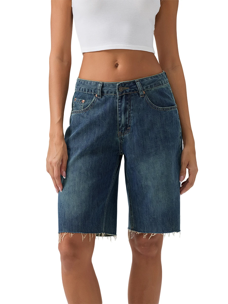 

Women Y2k Straight Wide-Leg Denim Shorts High Waist Stretchy Baggy Jeans Shorts Summer Hot Pants with Pockets