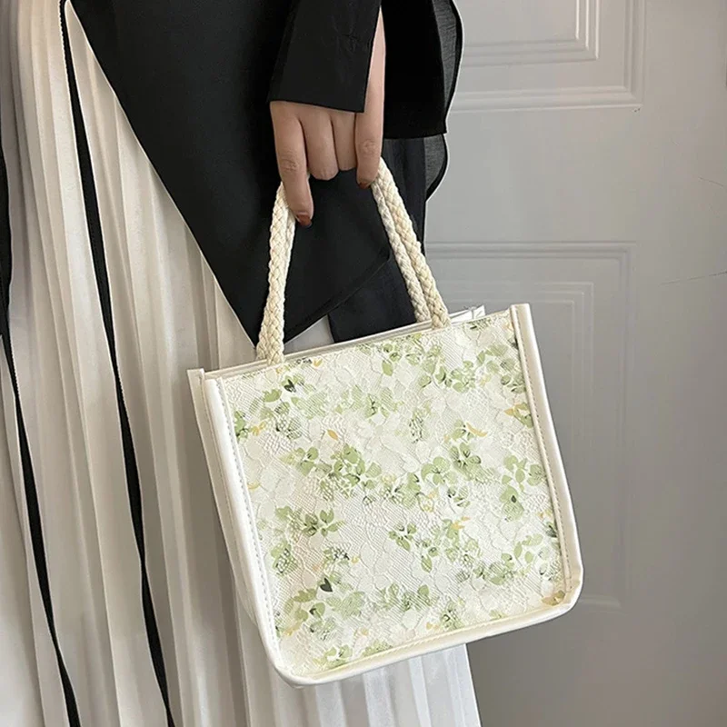 

Japanese Style Tote Bag Fashion Flower PU Leather Women Ins Sweet Top-Handle Bento Bags Student Casual Textbook Handbag