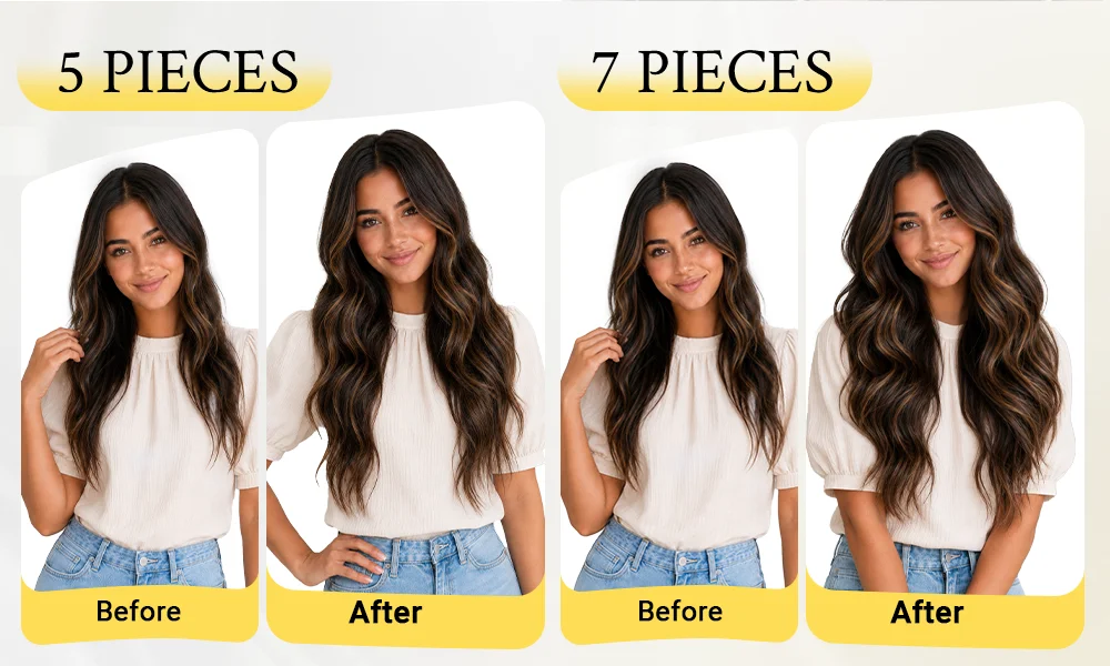 Sunmofavo Clip-in-Haarverlängerungen aus Echthaar, gerade, natürliches hellbraunes Honig-Ombré-Balayage, schwarze Haarteile für Frauen, voller Kopfbedeckung – Detail 7