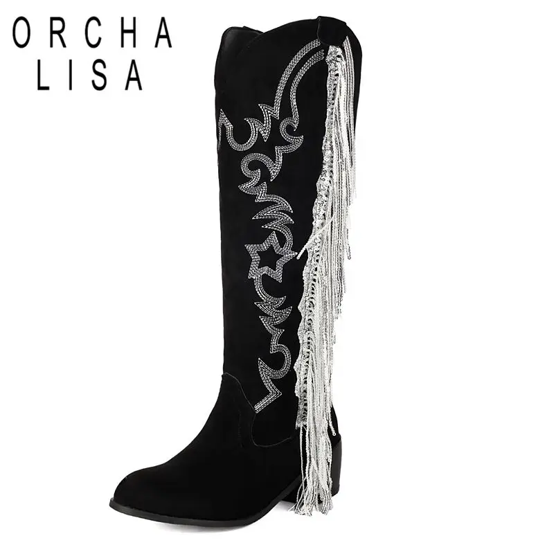 ORCHA LISA Design Female Knee High Boots Round Toe Block Heels 5cm Slip On Embroidery Tassels Large Size 44 45 46 Fashion Bota