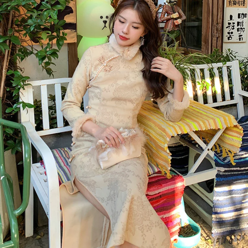 Women Winter Ultra Warm Qipao Woolen Fabric Print Cheongsam Plush Mandarin Collar Chinese Dress Vintage Pearl Button Vestidos