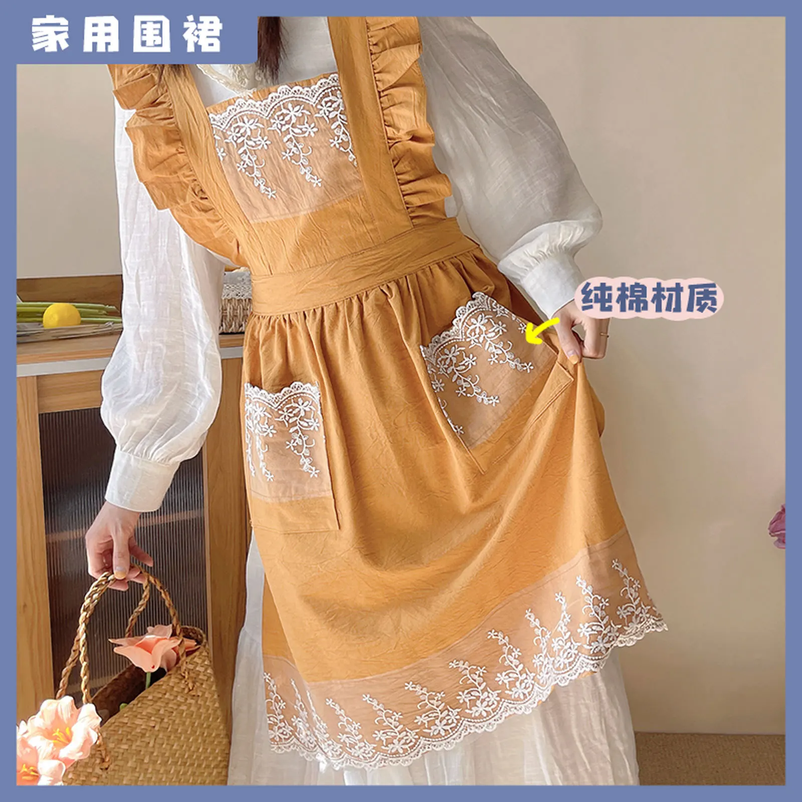 Avental de algodão para uso doméstico, versão coreana fina, avental de princesa, arranjo floral, arte de unha, suspensório, renda cozida, sem mangas, avental 1